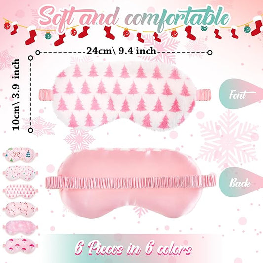 Cuffbow 6 Pcs Plush Sleep Eye Mask Silk Furry Eye Covers for Sleeping Cute Sleep Mask Fluffy Comfortable Sleeping Blindfold for Travel Sleepover Nap Party Supply Women(Christmas,Pink)