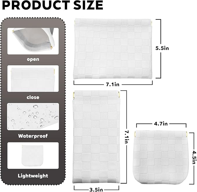 3PCS Small Makeup Bag for Women, Mini Cosmetic Bags Leather Pocket Pouch Purse,Snap Closure Waterproof Portable Bag,Checkered Storage Travel Bag for Lipstick Change Glasses Coin Cards (White)