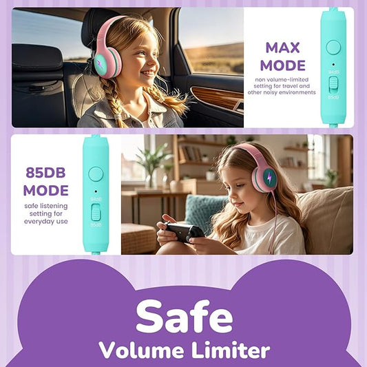 Kids USB C Headphones for School, 2025 Upgrade Safe Listening Wired Over-Ear Headphones with LED Lights, Volume Limiter & Microphone, Foldable Design for iPhone 16, iPad, Tablet (Green Purple)