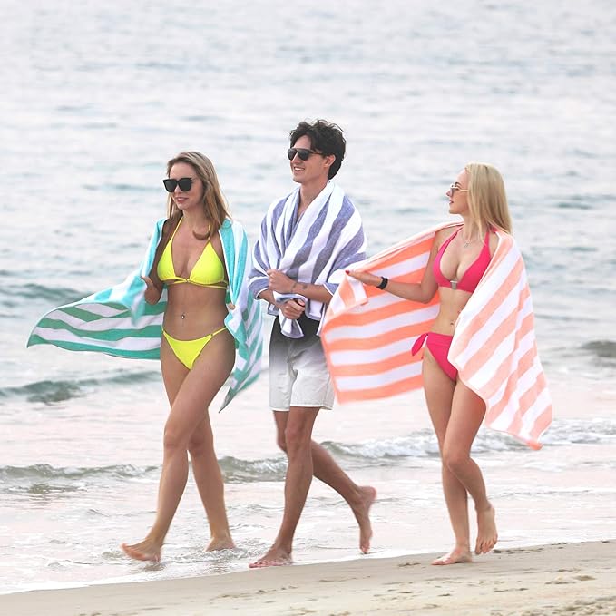 Cotton Oversized Beach Towel - Large 70 x 35 Inch Pool Towel, Green Striped Quick Dry Swimming Cabana Towel