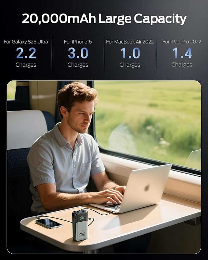 MOVE SPEED Portable Charger Laptop Power Bank 20000mAh 65W, Travel Essentials Battery Pack with Built-in Retractable USB-C Cable & Wall Plug, for MacBook/iPhone 17/16/15/iPad/Galaxy/Dell/HP and More