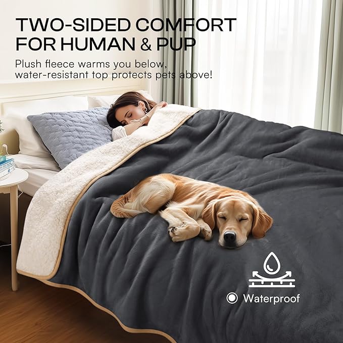Luciphia Waterproof Pet Blanket, Liquid Pee Proof Dog Blanket for Sofa Bed Couch, Reversible Sherpa Fleece Furniture Protector Cover for Small Medium Large Dogs Cats, Grey+Beige X-Large（85" x 57"）