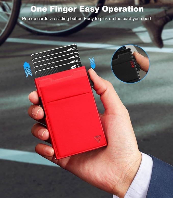 Minimalist Metal wallet,RFID Blocking Smart Pop Up Card Wallet 6-12 Cards Holder Slim Compact Front Pocket Wallets with Elastic Coin Pocket for Men and Women,Red