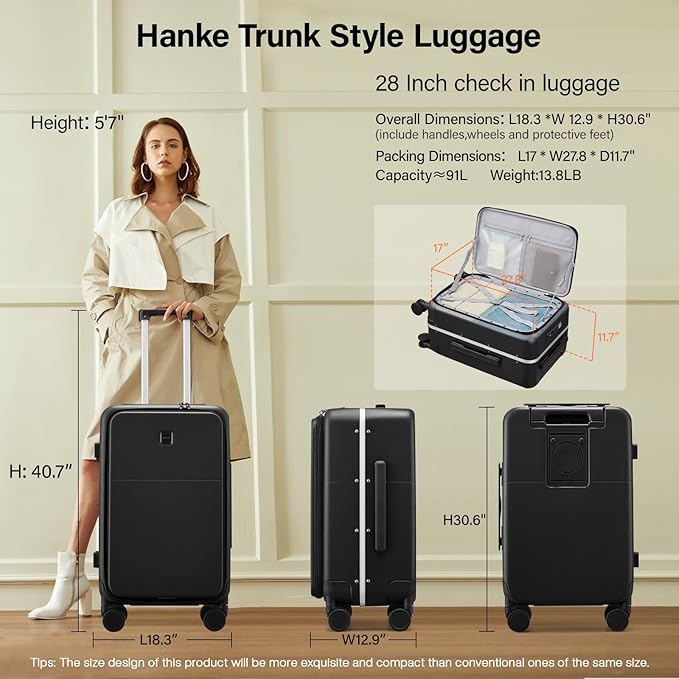 Hanke 28 Inch Luggage with Cup Holder and Charge,Top Opening Hard Shell Suitcases with Wheels and Dividers,Aluminum Frame Trunk Luggage Extra Large Suitcase with Lock for Travel，Jet Black