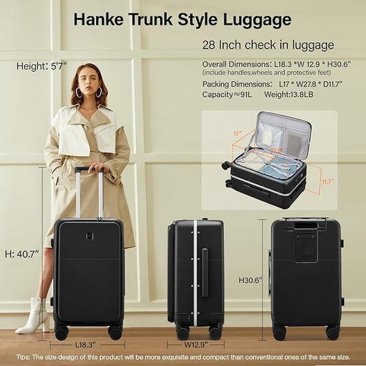 Hanke 28 Inch Luggage with Cup Holder and Charge,Top Opening Hard Shell Suitcases with Wheels and Dividers,Aluminum Frame Trunk Luggage Extra Large Suitcase with Lock for Travel，Jet Black