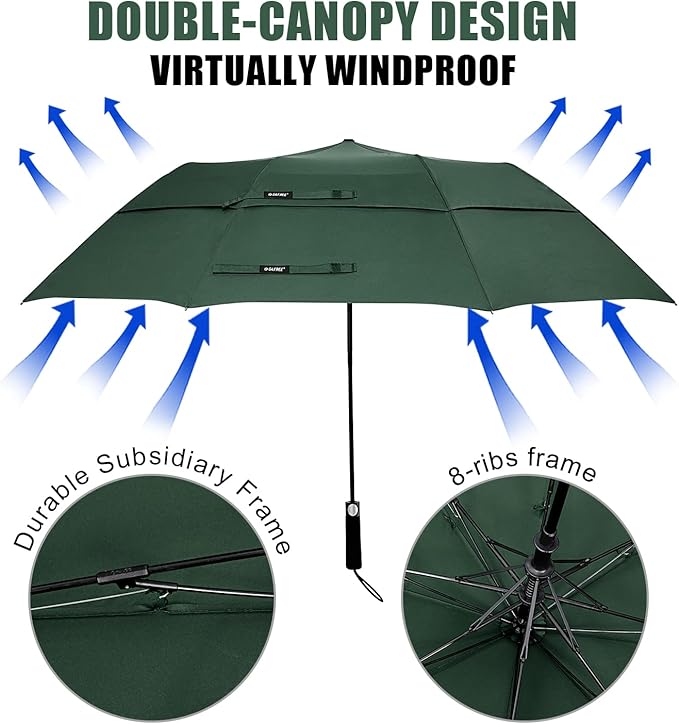 G4Free 62 Inch Portable Golf Umbrella Large Oversize Double Canopy Vented Windproof Waterproof Automatic Open Stick Umbrellas for Men and Women(Dark Green)
