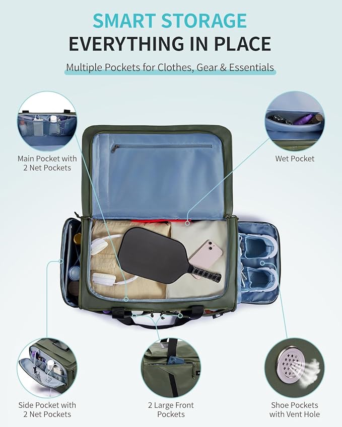 ECOHUB 40L Gym Bag for Women Men Water Resistant Sports Duffle Bag with Shoe Compartment & Wet Pocket, Travel Weekender Camping Backpack