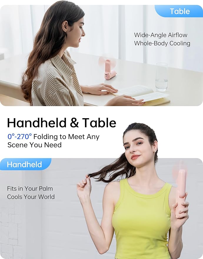 JISULIFE Handheld Fan with 4500 mAh Powerbank Max 37 Hours Runtime, Pocket Portable Battery Operated or USB Powered Folding Personal Fan, 3 Speeds, Gifts for Women Men Kids Gift for Festival-Pink