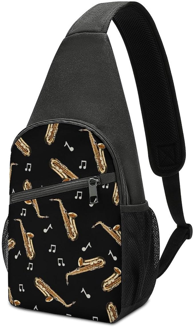 SWEET TANG Anti Theft Sling Chest Bag Shoulder Backpack Saxophone And Music Black Crossbody Bags Gym Sack, Polyester Daypack Lightweight for Men Women Travel Gym Sport Hiking