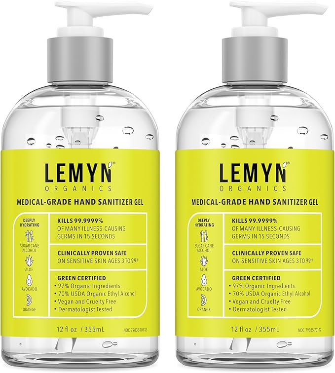 Medical Grade Hand Sanitizer Gel - 97% ORGANIC - 12 FL.OZ. (PACK OF 2)