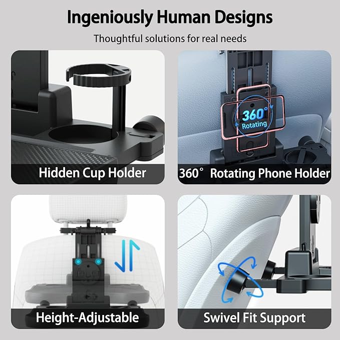 2-in-1 Car Steering Wheel Tray & Back Seat Headrest Tray with Phone Holder, Steering Wheel Desk Food Table for Car Laptop Mount Steering Wheel for Large SUVs, Trucks & Vans