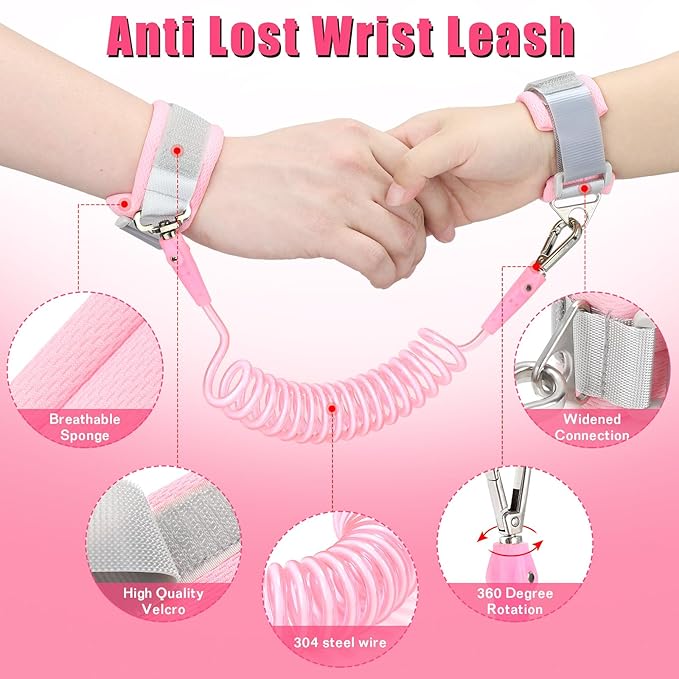 Toddlers Leash + Anti Lost Wrist Link Child Kids Safety Harness Kids Walking Wristband Assistant Strap Belt for Girl Pink Christmas Gift