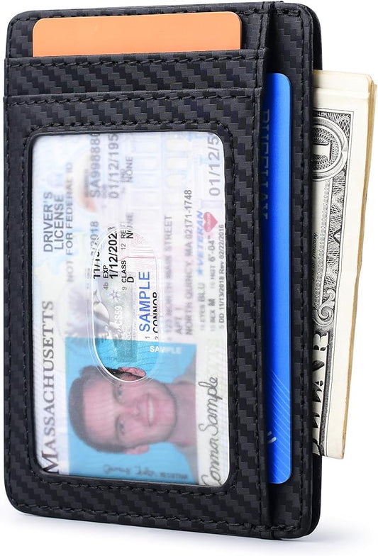 Buffway Slim Minimalist Front Pocket RFID Blocking Leather Wallets for Men and Women - Carbon Fiber Black