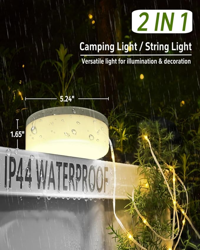 Solar Camping String Lights, 39.4 FT Fairy String Light, 4 in 1 Portable Waterproof Camp Lamp with 8 Lighting Modes, Hanging Rechargeable Tent Lantern for Christmas Decorations Patio Party Essentials