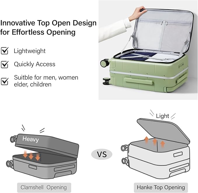 Hanke Top Opening Carry On Luggage, 20 Inch Zipperless Aluminum Frame Wide Handle Luggage, All-PC Hard Shell Trunk Suitcase with Spinner Wheels, TSA Airline Approved (Bamboo Green, 40L)
