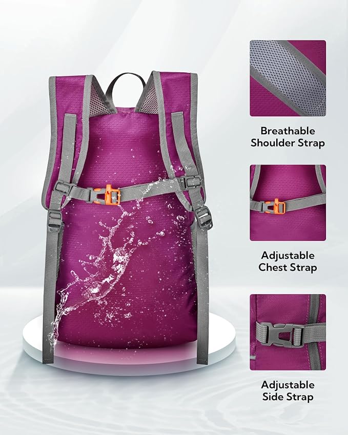 WATERFLY Hiking Packable Daypack Backpack: 25L Ultra Lightweight Day Pack for Woman Man - Small Compact Folding Back Pack for Outdoor Sport Cycling Camping Travel Trip - Rose red