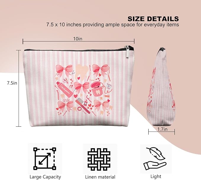 Dental Care Coquette Makeup Bag, Pink Bow Toothbrush Toothpaste Cosmetic Pouch for Dentist, Dental Assistant, Orthodontist, Hygienist