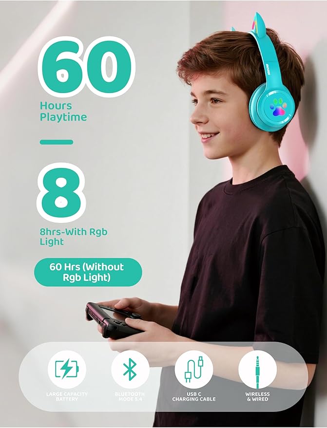 MIDOLA Kids Headphones Cat Ear Wireless Bluetooth 5.3 60H Over Ear, 8H with Led Light Foldable Music Gaming Headset with Aux 3.5mm Mic for Travel Pad Tablet Cyan