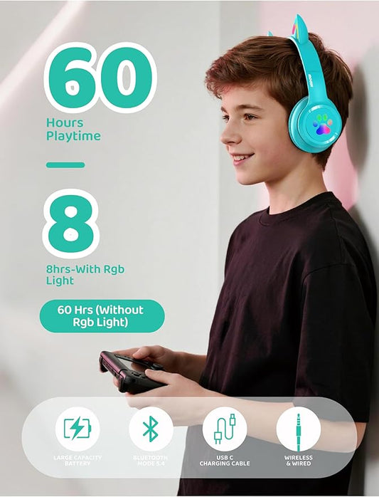 MIDOLA Kids Headphones Cat Ear Wireless Bluetooth 5.3 60H Over Ear, 8H with Led Light Foldable Music Gaming Headset with Aux 3.5mm Mic for Travel Pad Tablet Cyan