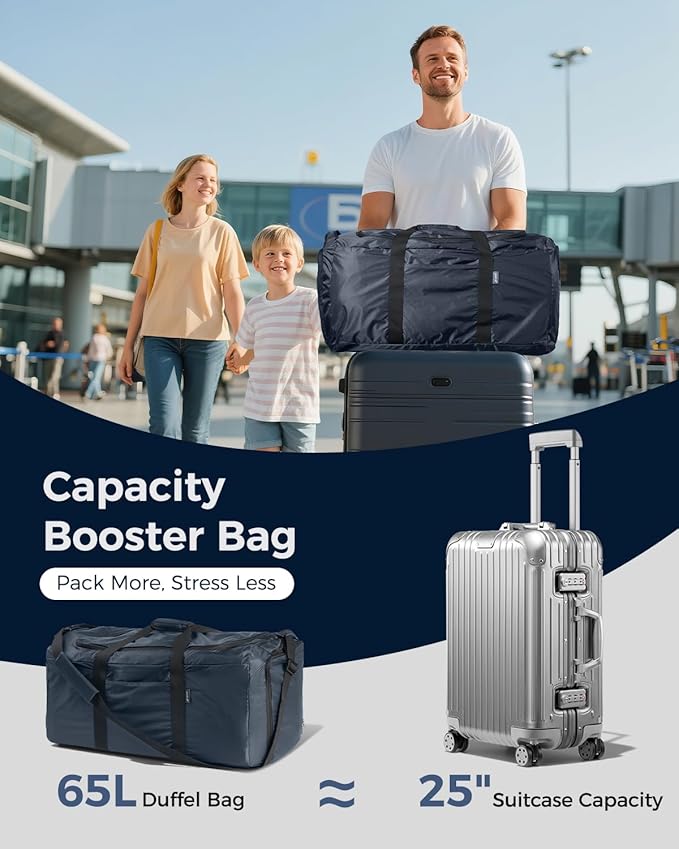 pack all 65L Foldable Travel Duffel Bag, Packable Weekender Bag with Shoe Compartment, Water-Resistant Gym Bag with Adjustable Strap for Overnight, Sports and Camping (Navy)