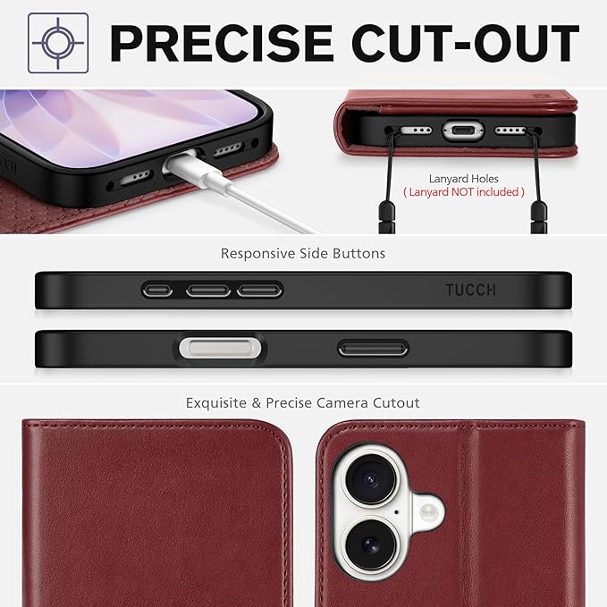 TUCCH Wallet Case for iPhone 17 (6.3") 2025, 3 Credit Card Slot | RFID Blocking | Stand | PU Leather | Protective Flip Folio Cover | Shockproof TPU Interior Shell | Deep Red