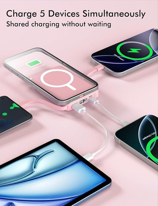 podoru for Magsafe Battery Pack, 10000mAh Magnetic Power Bank Built-in Double USB C Cables 22.5W PD Fast Charging LED Display Wireless Portable Charger for iPhone 17/16/15/14/13/12 Series-Pink