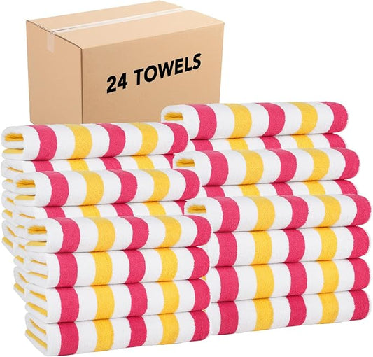 Arkwright Cabo Cabana Stripe Beach Towel Bulk - Case of 24 - Large Soft Quick Dry Cotton Terry Towels for Pool, Swim, and Hot Tub, Oversized 30 x 70 in, Raspberry/Mango