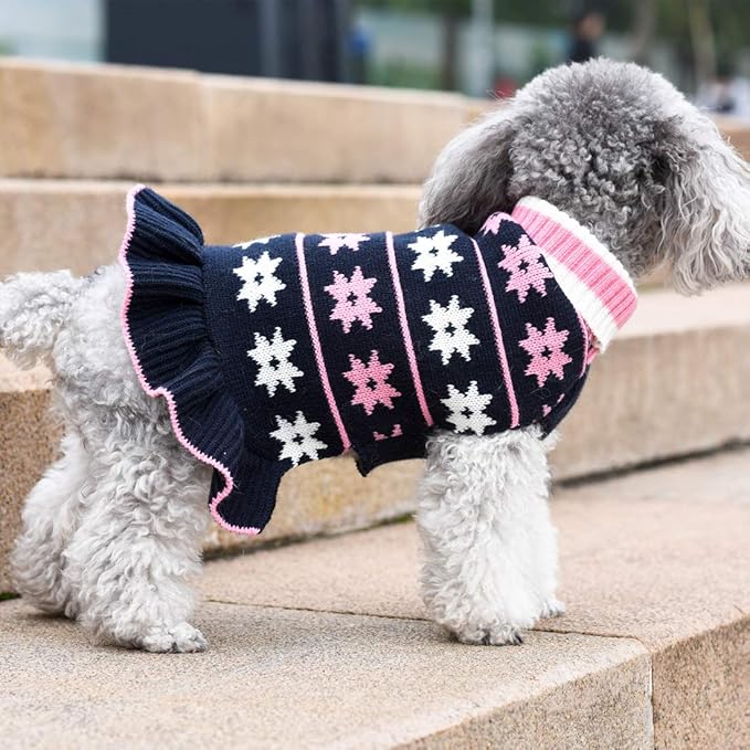 KYEESE Dog Sweater for Small Dogs Warm Pet Coats Fall Winter Dogs Clothes for Girl Dog Sweater Dress with Leash Hole Knit Pullover Turtleneck Pet Sweater with Snow Flake Pattern, Girl Navyblue, Large