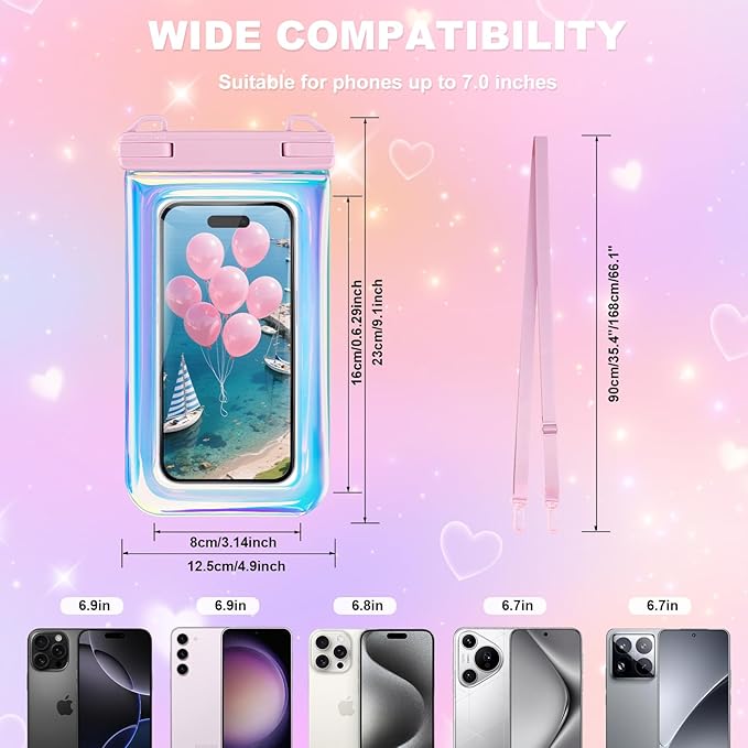 Waterproof Phone Pouch, IP68 Floating Case, Glitter Pink | for iPhone 16/15/Galaxy | Up to 7.0'' | with Adjustable Lanyard | Dry Bag Beach Essentials | 1 Pack