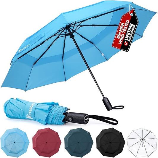 PTEROMY Windproof Compact Travel Umbrellas for Rain and Sun, Withstands 85MPH Winds Auto Open Close Folding Umbrella with Ergonomic Handle, Quick Dry Canopy for Commuting or Backpack