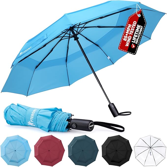 PTEROMY Windproof Compact Travel Umbrellas for Rain and Sun, Withstands 85MPH Winds Auto Open Close Folding Umbrella with Ergonomic Handle, Quick Dry Canopy for Commuting or Backpack