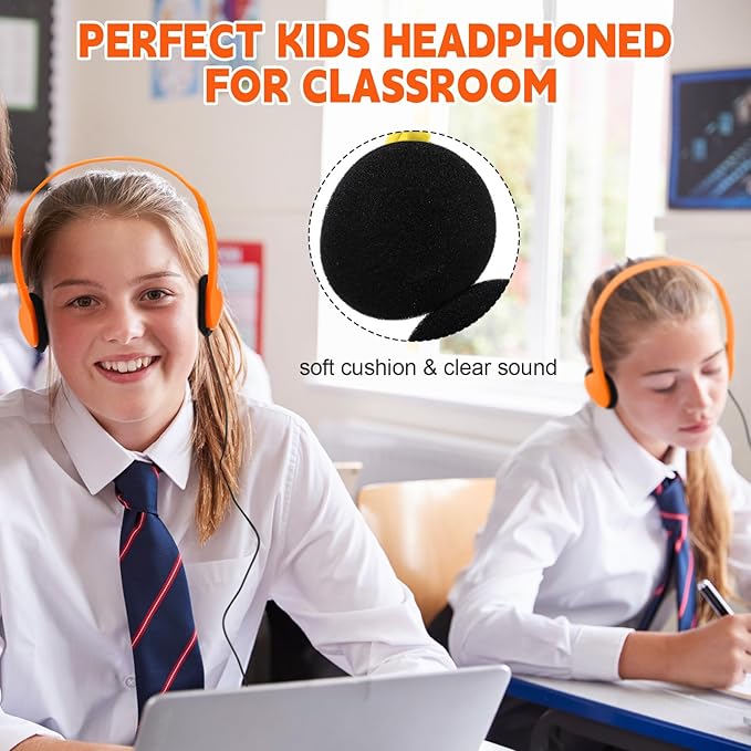 Konohan 30 Pack Headphones Bulk Headphone for School Classroom Student Wired Headphones Adjustable with 3.5 mm Jack for Adults (Orange)