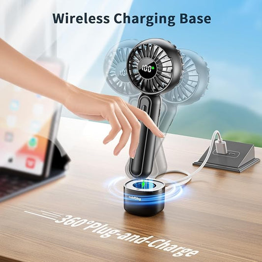 Handheld Fan with 𝗪𝗶𝗿𝗲𝗹𝗲𝘀𝘀 Charging Base, 3 Speeds Portable Fan with Digital Display, 2000mAh Battery Operated Hand Held Fan, Handheld/Desk 2 in 1 Personal Fan Lash Fan Makeup Fan (Black)