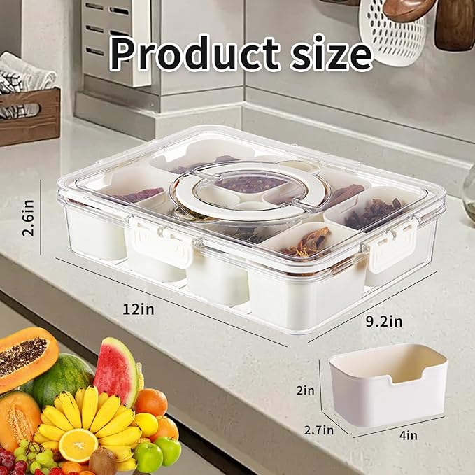 Snackle Box Container Tray with Lid and Handle, Fruit Storage Containers for Fridge, Divided Serving Tray with Lid, Snack Organizer, Portable Travel Snack Container, Perfect for Party, Travel