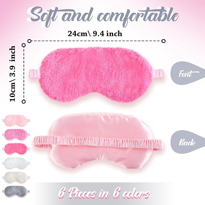 Cuffbow 6 Pcs Plush Sleep Eye Mask Silk Furry Eye Covers for Sleeping Cute Sleep Mask Fluffy Comfortable Sleeping Blindfold for Travel Sleepover Nap Party Supply Women(Simplicity,Pure)