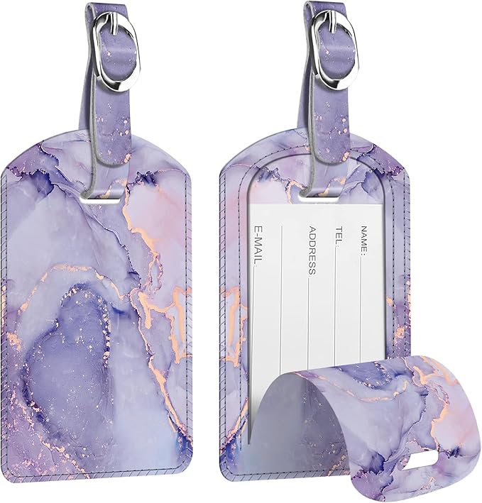 FINTIE 2 Pack Luggage Tags, Leather Name ID Labels with Privacy Cover for Travel Bag Suitcase, Theme - Lilac Marble