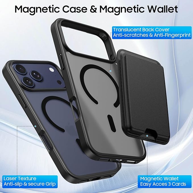 Ntwinro Magnetic for iPhone 17 Pro Max Case (Compatible with MagSafe) with Detachable Wallet & Card Holder for 3 Cards [RFID Blocking] Military Grade Protective Slim Phone Cover, Black