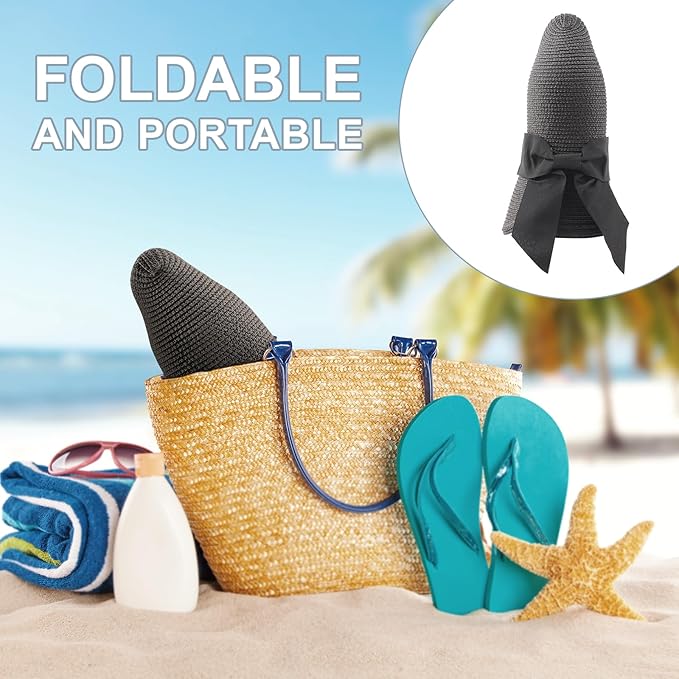 DRESHOW Sun Hats for Women Travel Fedora Foldable Beach Sun Hat Summer Wide Brim Straw Bucket Hat with Bowknot UPF 50+