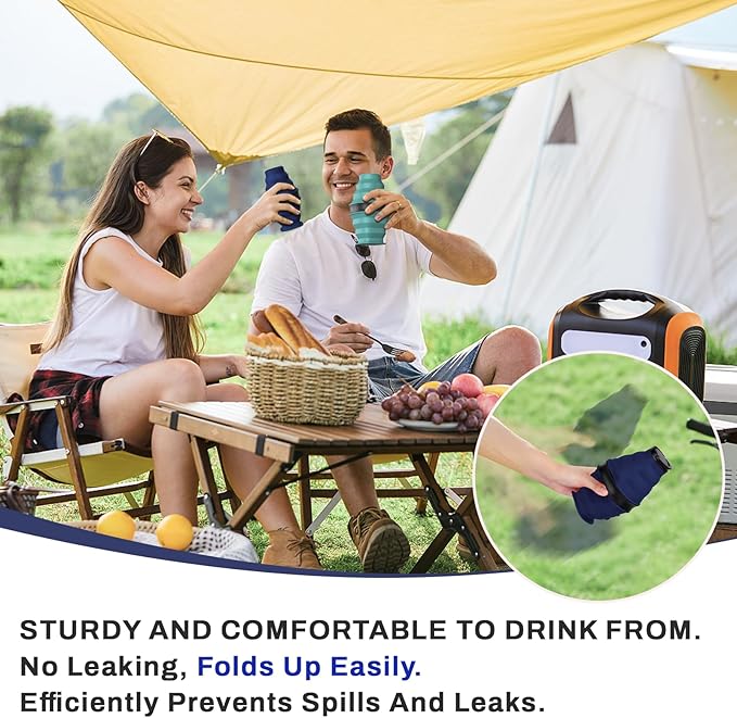 Collapsible Water Bottles,600ml BPA Free Reusable Lightweight LeakProof Silicone Foldable Water Bottle for Travel Hiking Camping Sports,Collapses to 1.5” & anti-Collapse Ring,Dark Blue