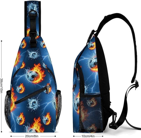 SWEET TANG Men's Crossbody Bag Anti Theft Shoulder Backpack, Funny and Chest Bags Soccer Sports Ball Blue Flame Football for Fishing Cycling Hiking, Lightweight and Large Capacity