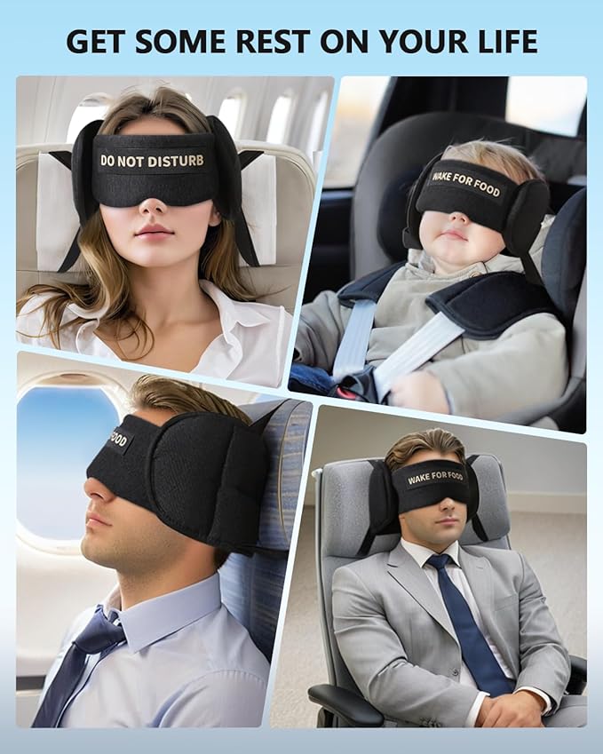 Travel Pillows for Airplanes, Airplane Pillow for Long Flights Sleeping Travel, Airplane Head Strap with Eye Mask 360° Support Headrest for Plane Road Trip Sleep, Stop Bobblehead（Black）