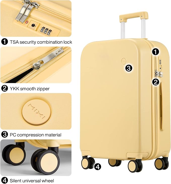 mixi Luggage Suitcase with Spinner Wheels, Hardside Rolling Suitcase PC with Cover & TSA Lock Lightweight Travel Case 26in Checked in, Lark Yellow