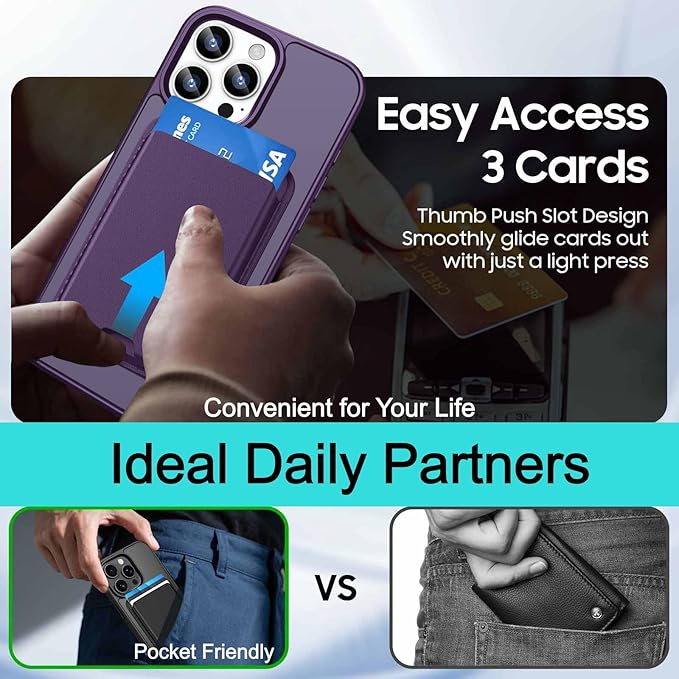 Ntwinro Magnetic for iPhone 15 Pro Case (Compatible with MagSafe) with Detachable Wallet & Card Holder for 3 Cards [RFID Blocking] Military Grade Protective Slim Phone Cover, Purple