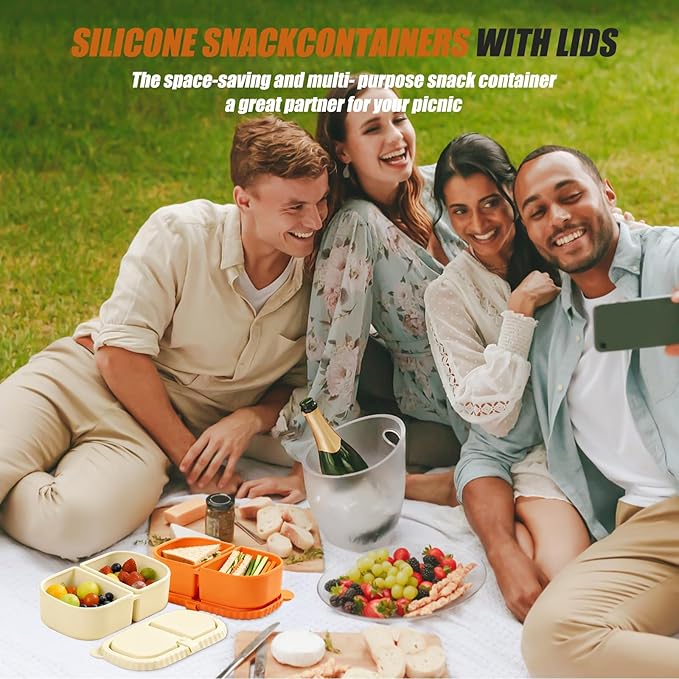 4 Pack Reusable Silicone Snack Containers With Lids, 8.5oz Two Compartment Snack Container, Snack Containers With Lids, Leakproof Snackle Boxes For Travel, Picnics (White, Yello,Dark Blue, Pink)