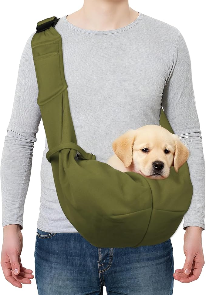 PETAXCELL Dog and Cat Sling Carrier Up to 16.5 Lbs, Hand-Free Reversible Pet Sling Carrier with Adjustable Strap and Pocket, (Army Green, 1 Pcs) Intended for Hiking/Camping/Traveling