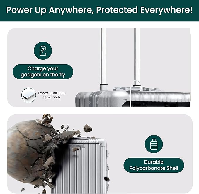 Nobl Travel Carry On Luggage, Noble Zipperless Aluminum Frame PC Hard Shell Suitcase, 20.8"x15"x8.7" Airline Approved, 360° Spinner Wheels, TSA Locks, USB Charging Port, Cup & Phone Holder - Silver