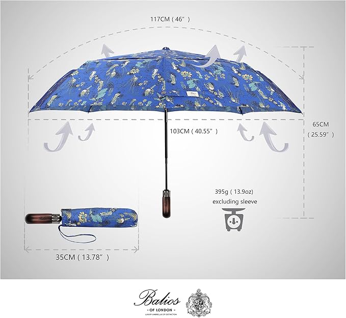 Balios Travel Folding Umbrella with Real Wood Handle Auto Open Close Vented Windproof Canopy - Designed in UK