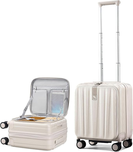 Hanke 16 Inch Expandable Under Seat Luggage with Wheels Top Opening Small Suitcase with Wheels Carry On Luggage Airline Approved Lightweight Hard Shell Suitcases for Weekender Overnight-Ivory White