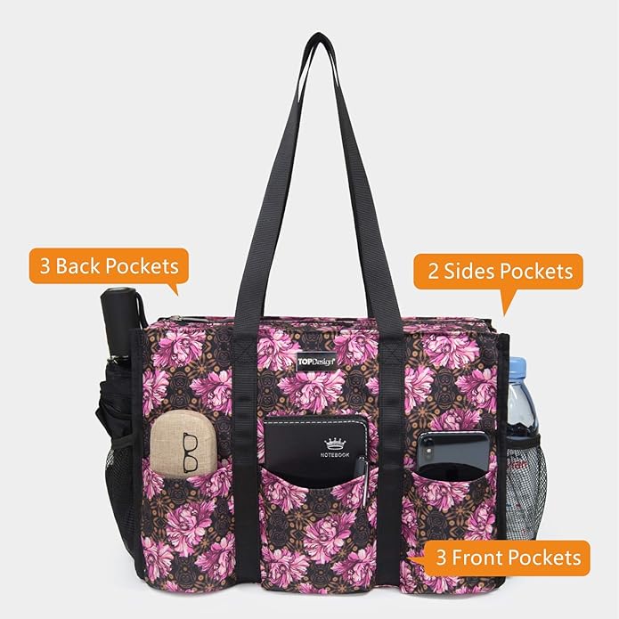 TOPDesign Utility Water Resistant Tote Bag with 13 Pockets, Top Zipper Closure & Thick Bottom Support, for Working Women