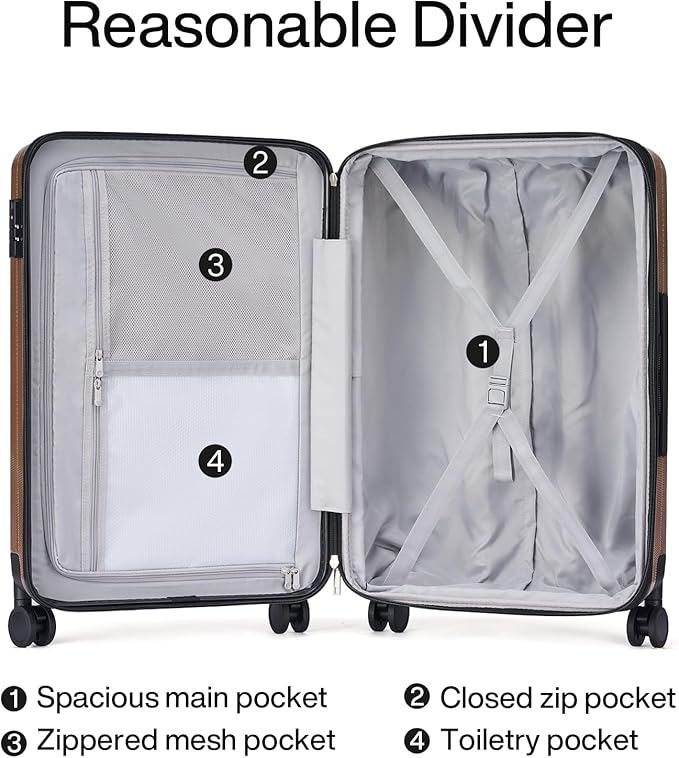 Hanke 29 Inch Expandable Checked Luggage Lightweight PC Hard Shell Luggage Suitcases with Wheels Tsa Luggage Rolling Large Suitcase Travel Luggage Bag for Study Abroad(Brown)